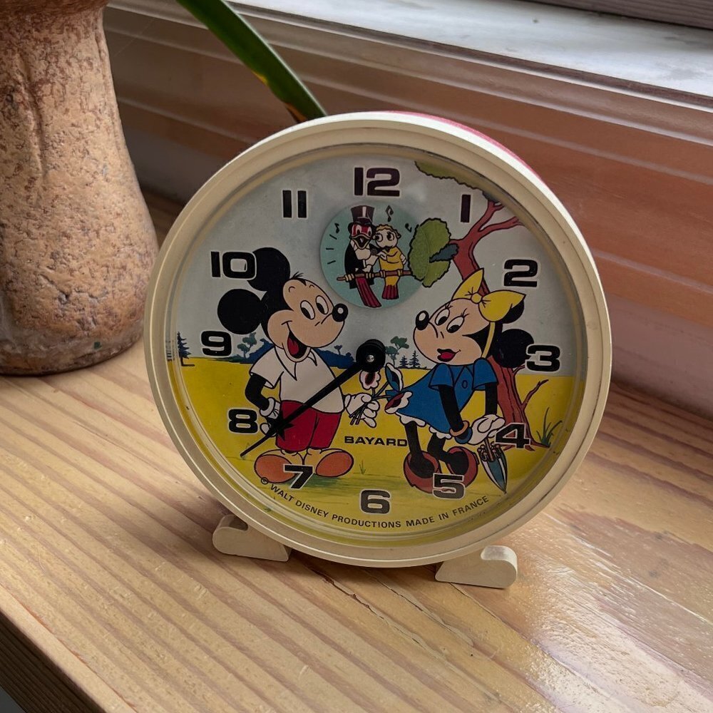 Vintage Walt Disney Bayard France Mechanical Alarm Clock Mickey Minnie Mouse